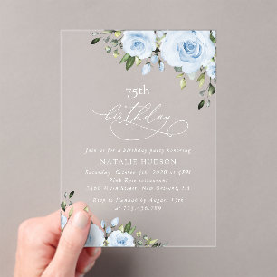 Dusty Blue Flowers, Greenery, Boho, Birthday Acrylic Invitations