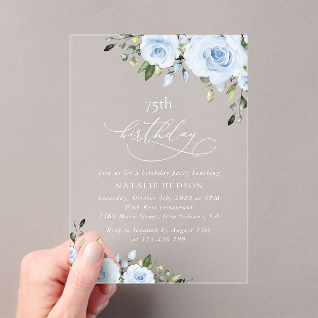 Dusty Blue Flowers, Greenery, Boho, Birthday Acrylic Invitations (Insitu (Handheld))