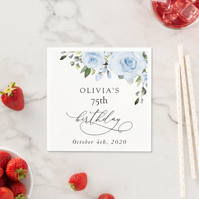 Dusty Blue Flowers, Greenery, Boho, Birthday Napkin (Insitu)