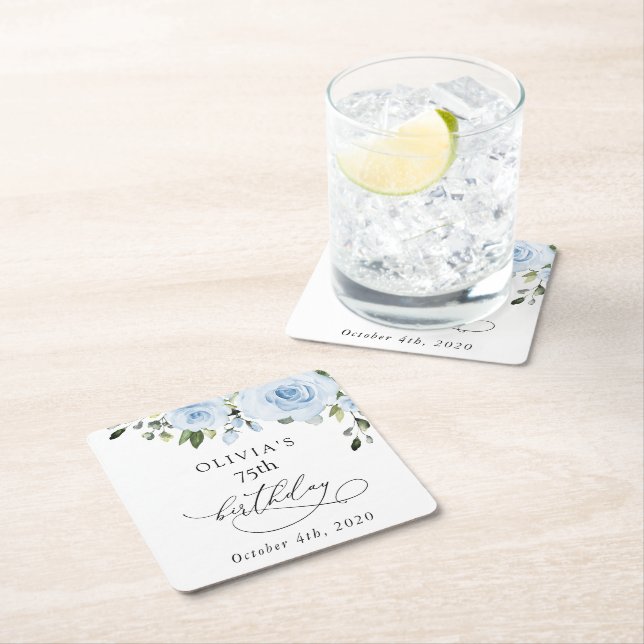 Dusty Blue Flowers, Greenery, Boho, Birthday Square Paper Coaster (Insitu)