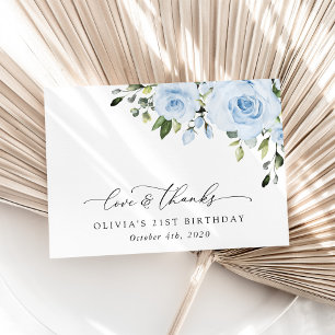 Dusty Blue Flowers, Greenery, Boho, Birthday Thank You Card