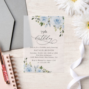 Dusty Blue Flowers, Greenery, Boho, Birthday Vellum Invitations