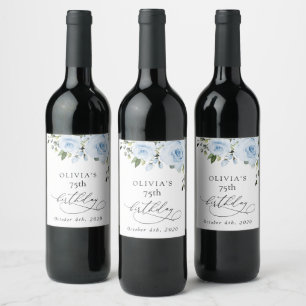 Dusty Blue Flowers, Greenery, Boho, Birthday Wine Label