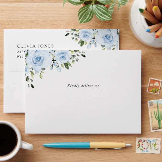 Dusty Blue Flowers, Greenery, Boho, Bridal Shower Envelope (Desk)
