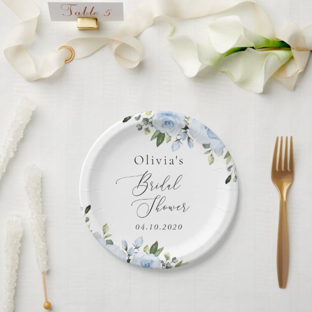 Dusty Blue Flowers, Greenery, Boho, Bridal Shower Paper Plate (Wedding)