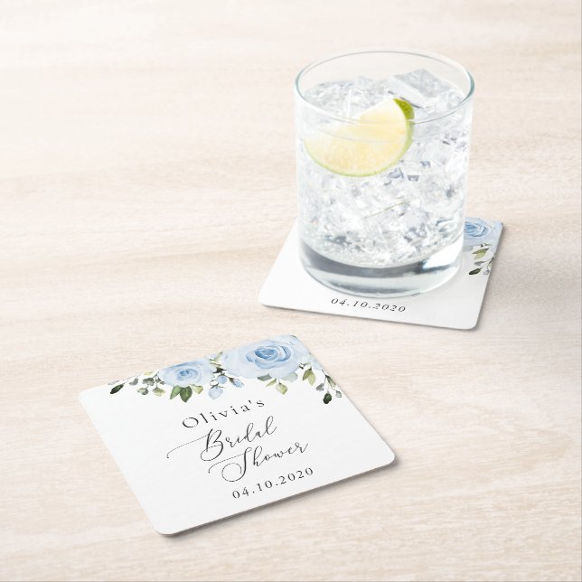 Dusty Blue Flowers, Greenery, Boho, Bridal Shower Square Paper Coaster (Insitu)