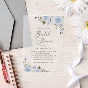 Dusty Blue Flowers, Greenery, Boho, Bridal Shower Vellum Invitations