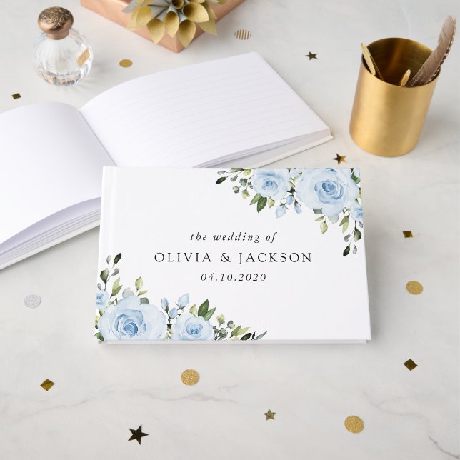 Dusty Blue Flowers, Greenery, Boho, Floral Wedding Guest Book (Front Open)