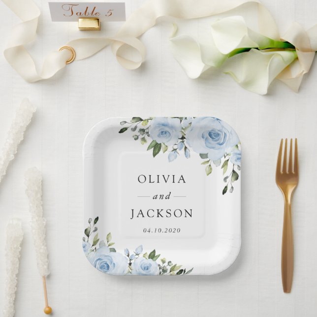 Dusty Blue Flowers, Greenery, Boho, Floral Wedding Paper Plate (Wedding)