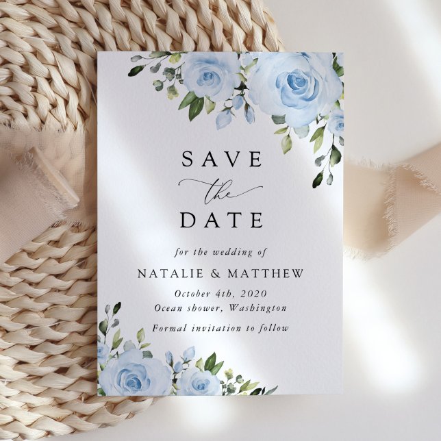 Dusty Blue Flowers, Greenery, Boho, Floral Wedding Save The Date (Creator Uploaded)