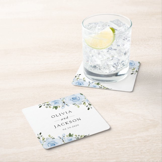 Dusty Blue Flowers, Greenery, Boho, Floral Wedding Square Paper Coaster (Insitu)