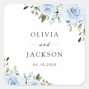 Dusty Blue Flowers, Greenery, Boho, Floral Wedding Square Sticker