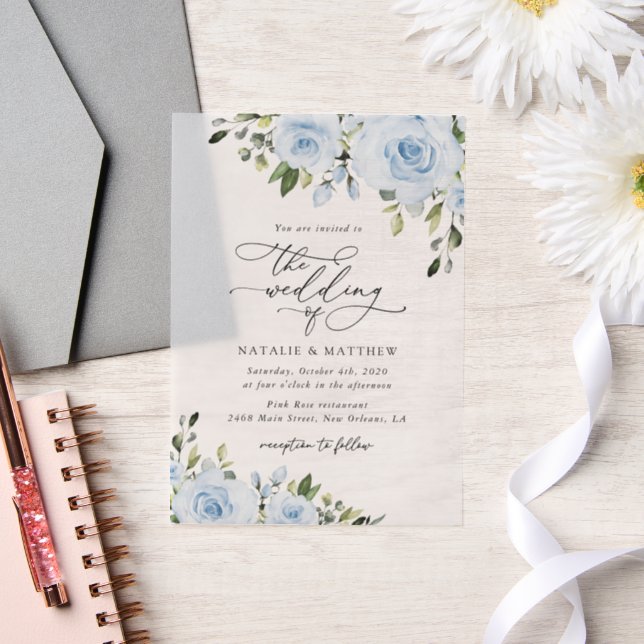 Dusty Blue Flowers, Greenery, Boho, Floral Wedding Vellum Invitations (Wedding)
