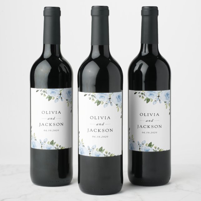 Dusty Blue Flowers, Greenery, Boho, Floral Wedding Wine Label (Bottles)