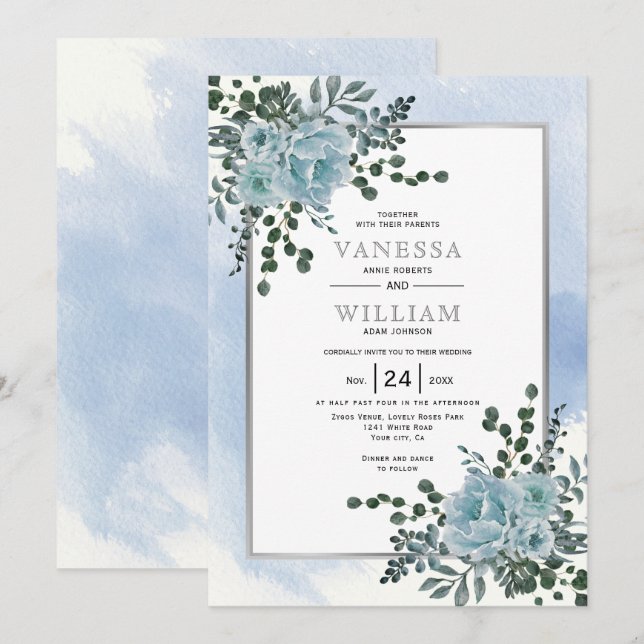 Dusty blue flowers, leaves floral winter wedding invitation (Front/Back)