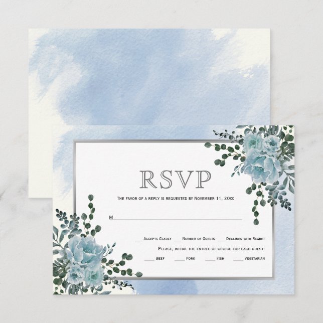 Dusty blue flowers, leaves floral winter wedding RSVP card (Front/Back)