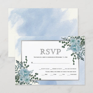 Dusty blue flowers, leaves floral winter wedding RSVP card