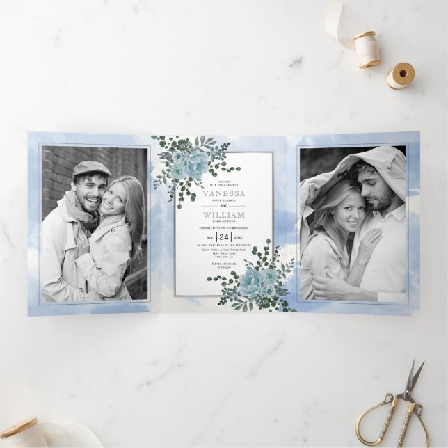 Dusty blue flowers, leaves floral winter wedding Tri-Fold invitation (Inside)