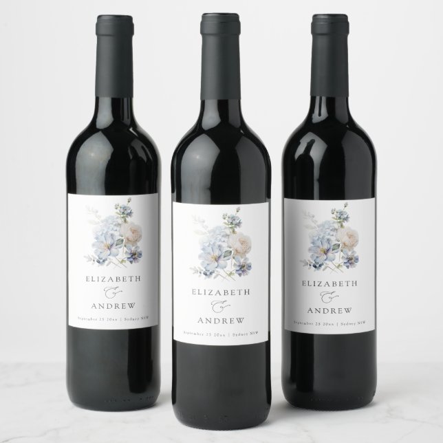 Dusty Blue Flowers Modern Wedding Wine Label (Bottles)