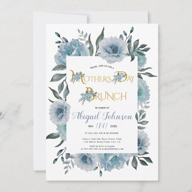 Dusty blue flowers Mothers Day brunch Invitation (Front)