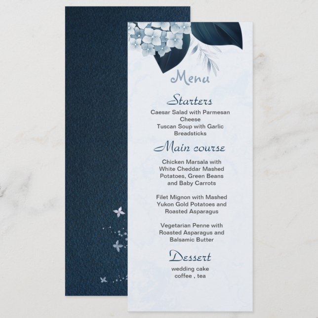 dusty blue flowers navy leaves wedding menu (Front/Back)