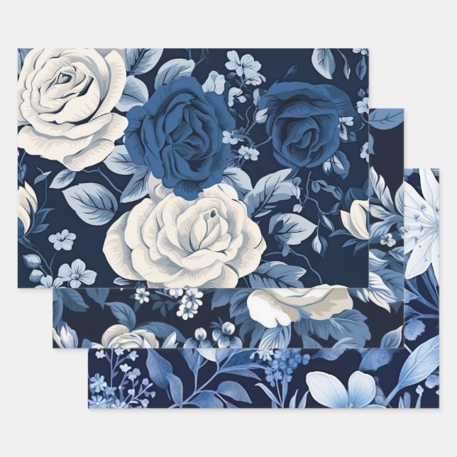 Dusty Blue Flowers Navy  Wrapping Paper Sheet (Set)