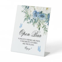 Dusty Blue Flowers Open Bar Sign