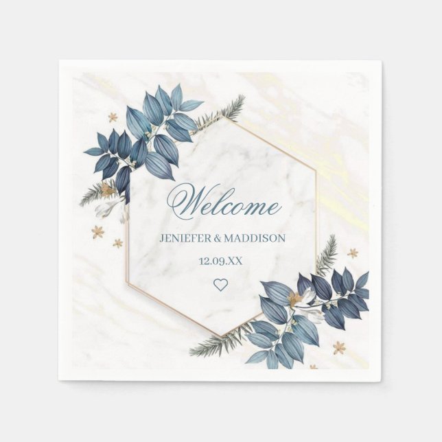 Dusty Blue Flowers Personalised Wedding Welcome  Napkin (Front)