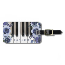dusty blue flowers piano design luggage tag