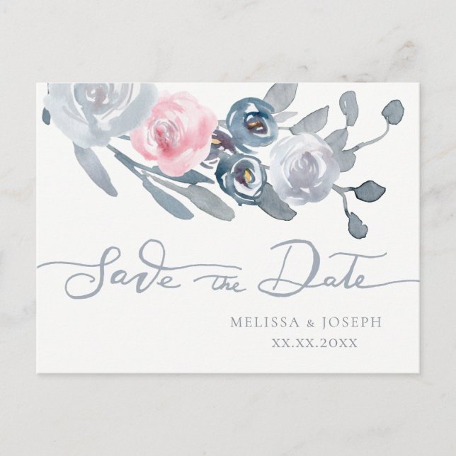 dusty blue flowers save the date announcement postcard (Front)