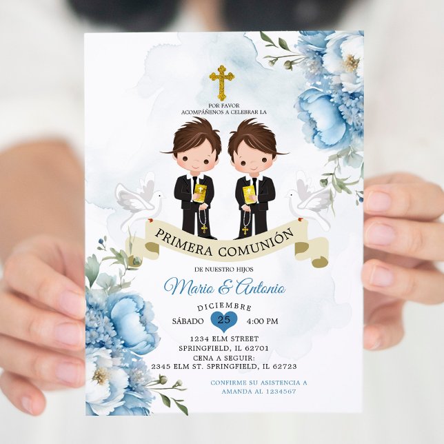 Dusty Blue Flowers Spanish Twins Primera Comunión Invitation (Creator Uploaded)