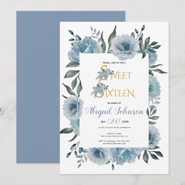 Dusty Blue flowers sweet sixteen birthday Invitation (Front/Back)