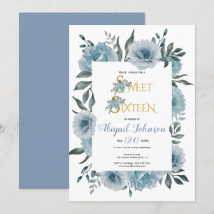 Dusty Blue flowers sweet sixteen birthday Invitation