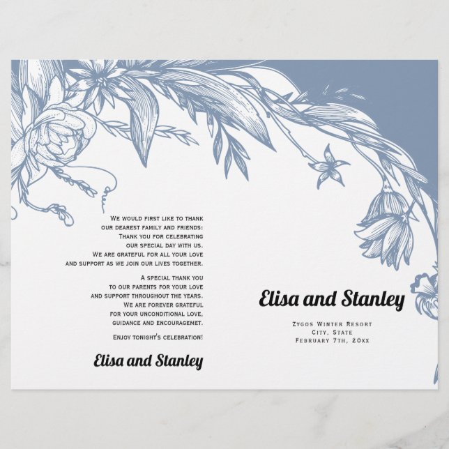 Dusty blue flowers typography folded program flyer (Front)
