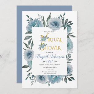 Dusty blue flowers virtual baby or bridal shower  invitation
