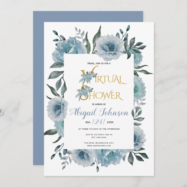 Dusty blue flowers virtual baby or bridal shower  invitation (Front/Back)