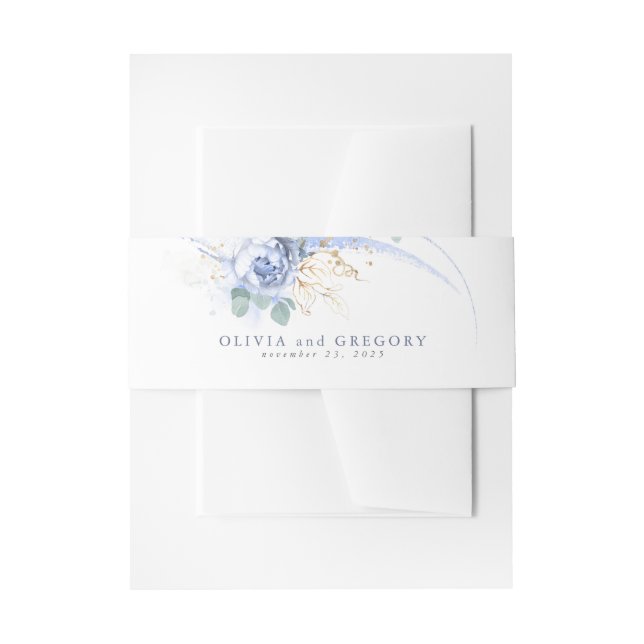 Dusty Blue Flowers Watercolor Invitation Belly Band (Front Example)