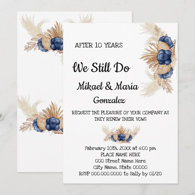 Dusty Blue Flowers Wedding Anniversary Renewal Invitation (Front/Back)