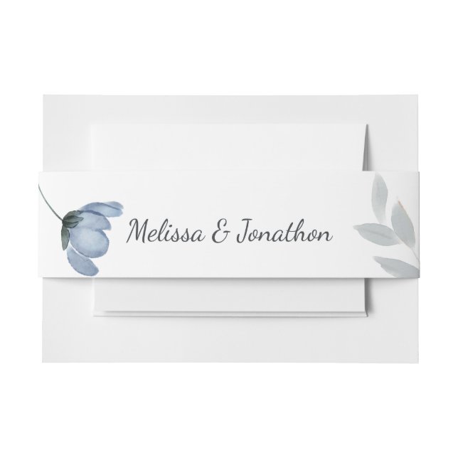 Dusty Blue Flowers Wedding Invitation Belly Band (Front Example)