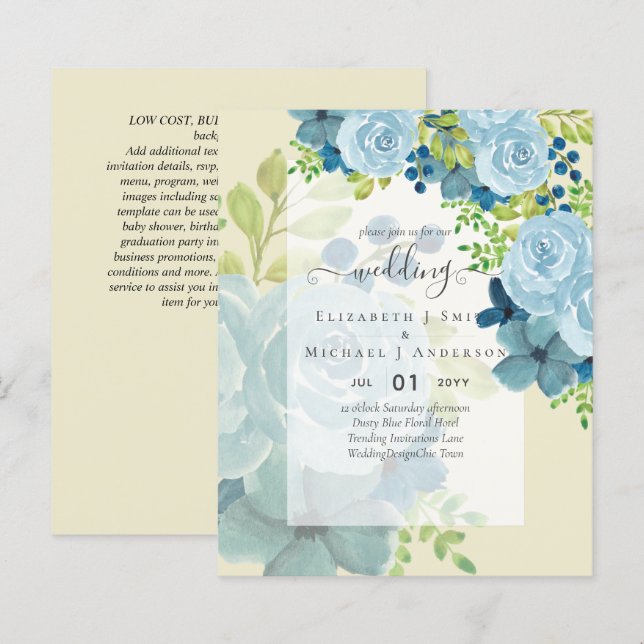DUSTY BLUE FLOWERS WEDDING INVITES - BUDGET (Front/Back)