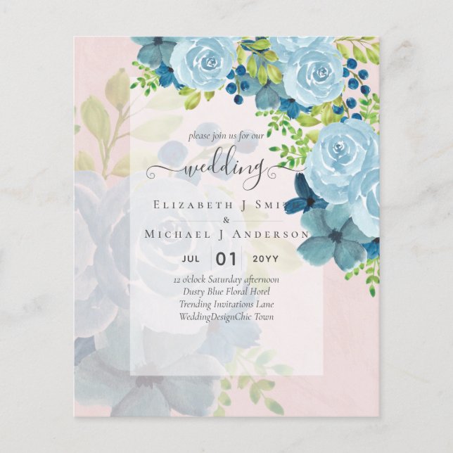 DUSTY BLUE FLOWERS WEDDING INVITES - BUDGET FLYER (Front)