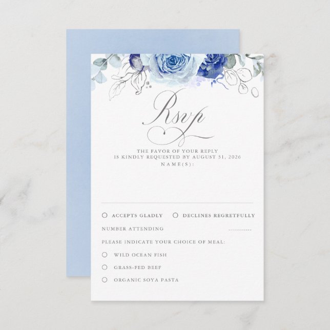 Dusty Blue Flowers Wedding RSVP (Front/Back)