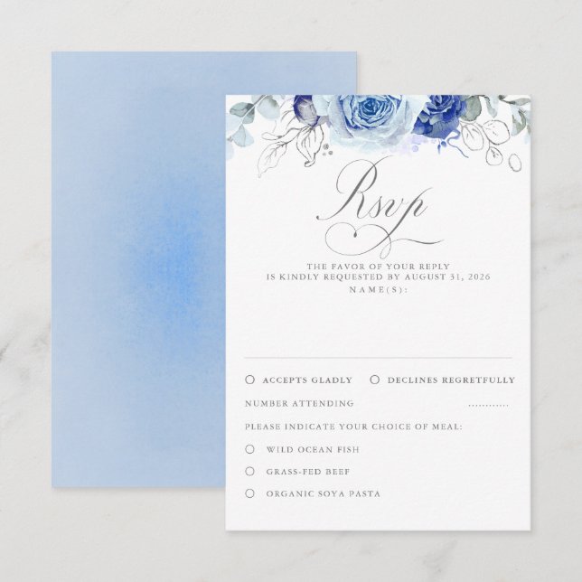 Dusty Blue Flowers Wedding RSVP Card (Front/Back)