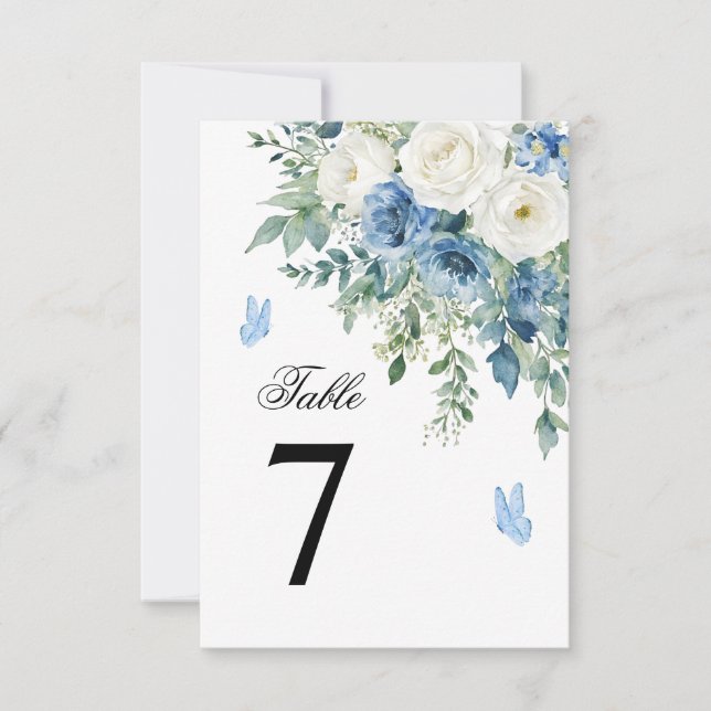 Dusty Blue Flowers Wedding Table Number (Front)