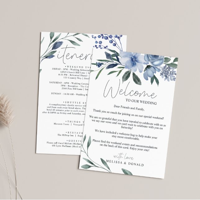 Dusty Blue Flowers Welcome Letter & Itinerary Card (Creator Uploaded)