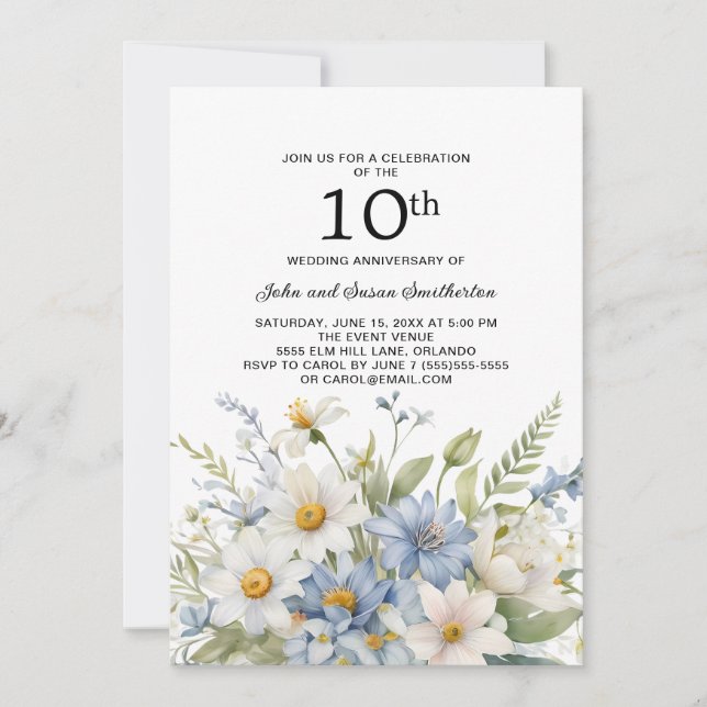 Dusty Blue Flowers White Daisies 10th Anniversary Invitation (Front)