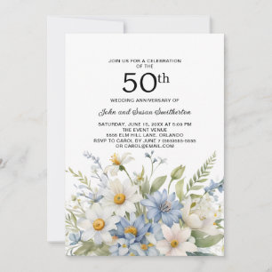 Dusty Blue Flowers White Daisies 50th Anniversary Invitation