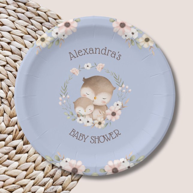 Dusty Blue Flowers Woodland Owl Baby Girl Shower Paper Plate (Creator Uploaded)
