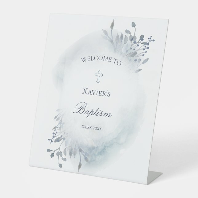dusty blue foliage Catholic Baptism welcome sign (Front)