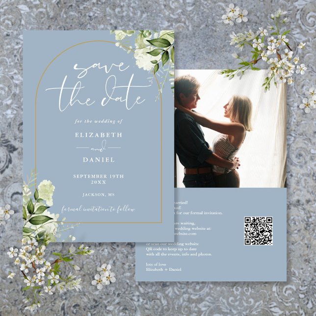 Dusty Blue Foliage Gold Arch Photo QR Code Wedding Save The Date (Dusty Blue Foliage Gold Arch Photo QR Code Wedding Save The Date)